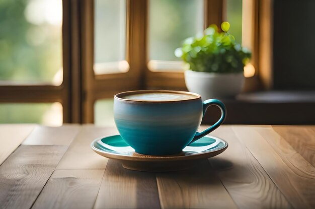 A cup of coffee on a saucer with a plant in the background