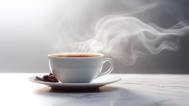 A cup of coffee on a saucer with a smoke coming out of it.