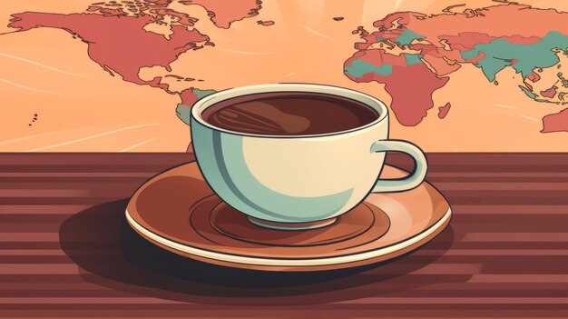 A cup of coffee on a saucer on a wooden table with a map of the world in the background