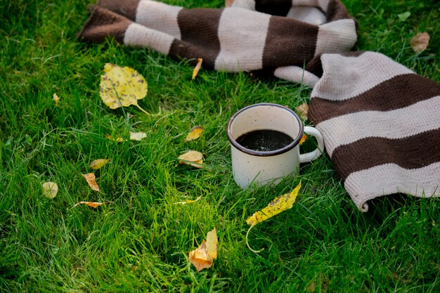 一杯のコーヒーと秋の芝生の上のスカーフ