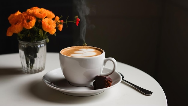 A cup of coffee served with turkish lokum on white table