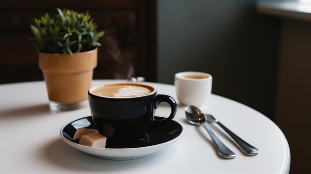 A cup of coffee served with turkish lokum on white table