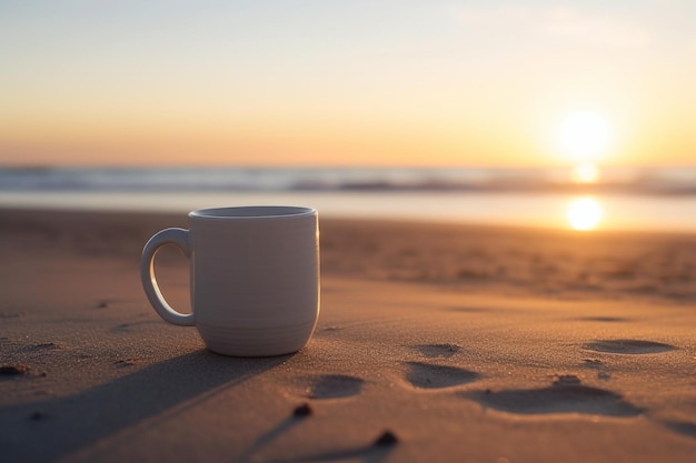 A cup of coffee sits on the beach at sunset.