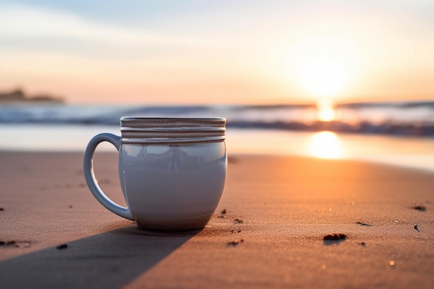 A cup of coffee sits on a beach with the sun setting behind it.