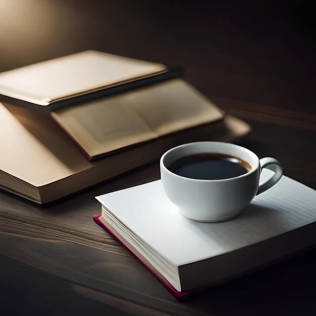 a cup of coffee sits on a book with a book open to the side.