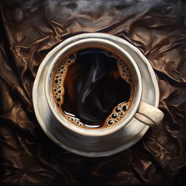 A cup of coffee sits on a brown cloth.