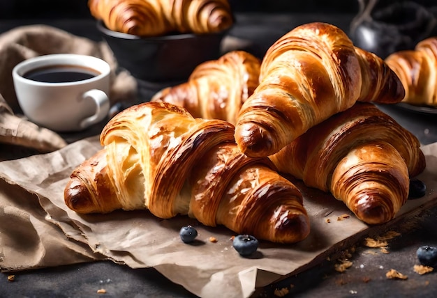 a cup of coffee sits next to a croissant