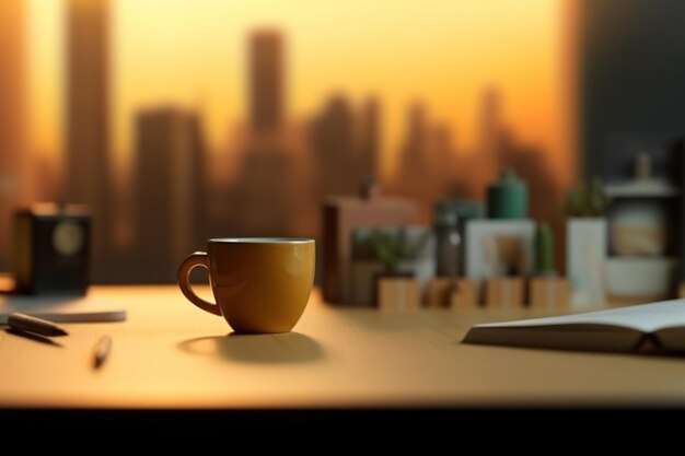 A cup of coffee sits on a desk in front of a cityscape.