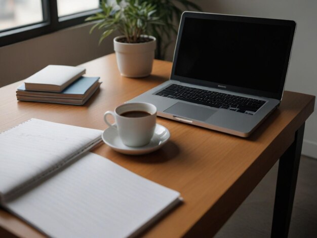 Foto una tazza di caffè si siede su una scrivania accanto a un laptop