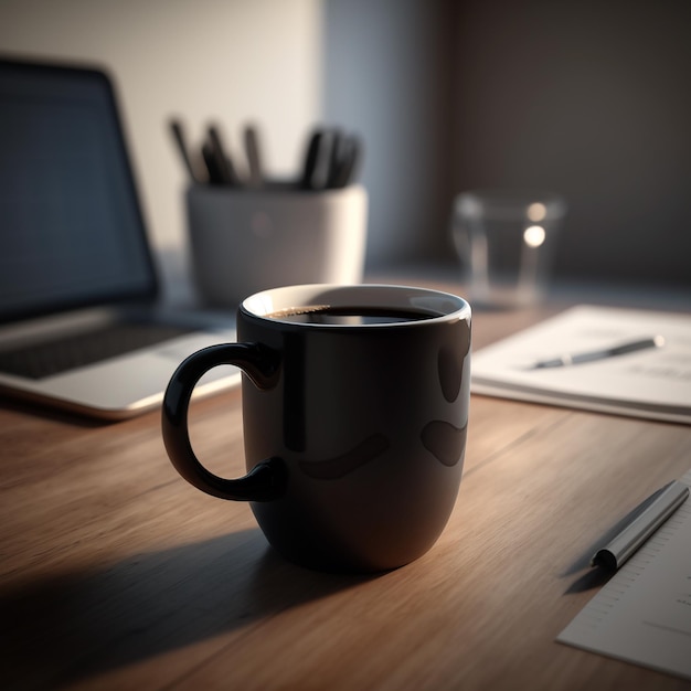 A cup of coffee sits on a desk next to a pen and a laptop.