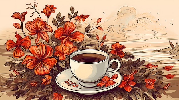 花の背景に一杯のコーヒーが置かれています。
