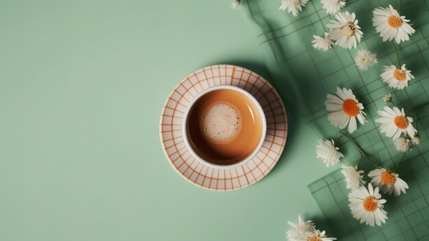 A cup of coffee sits on a green table next to a basket of flowers.