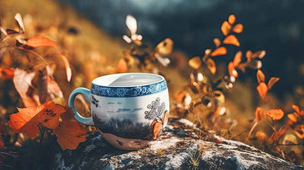 A cup of coffee sits on a hill in front of a landscape with a mountain in the background