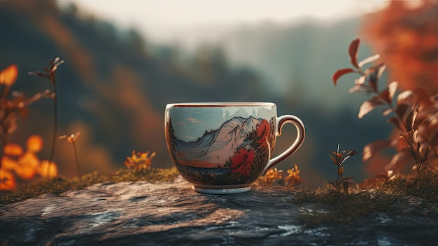 A cup of coffee sits on a hill in front of a landscape with a mountain in the background