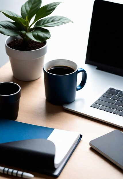 Photo a cup of coffee sits next to a laptop