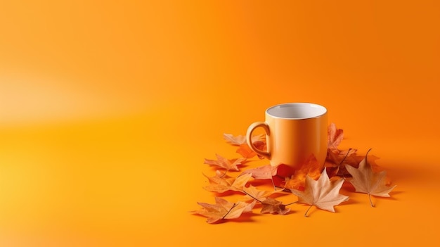 A cup of coffee sits on a pile of autumn leaves