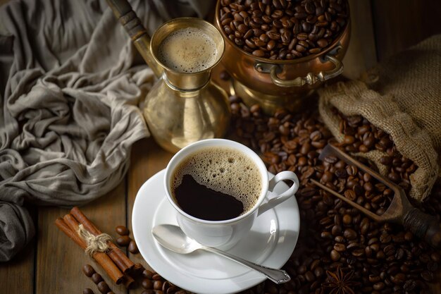 A cup of coffee sits on a pile of coffee beans.