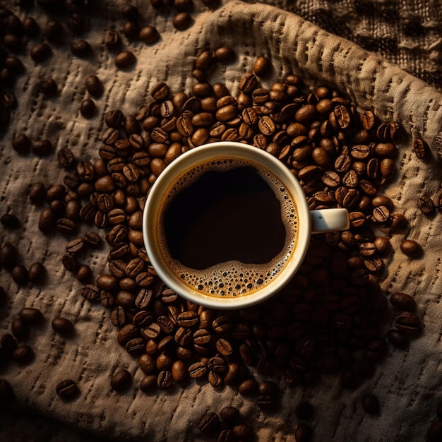 一杯のコーヒーがコーヒー豆の山の上に置かれています。