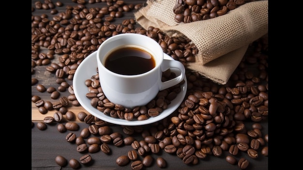Чашка кофе стоит на куче кофейных зерен.