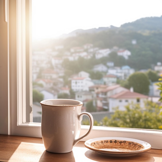 A cup of coffee sits next to a plate of food.