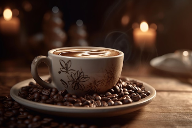 A cup of coffee sits on a plate with coffee beans on it.