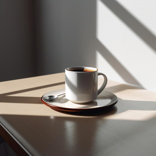 a cup of coffee sits on a plate with a saucer in front of it.