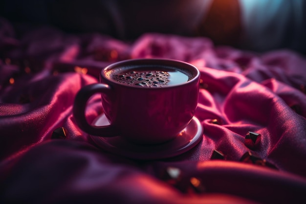 A cup of coffee sits on a red blanket with a red blanket and a gold ribbon in the background.