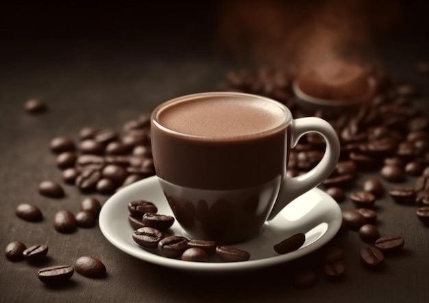 A cup of coffee sits on a saucer next to coffee beans.