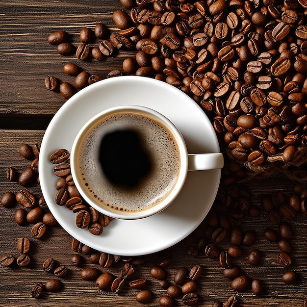 A cup of coffee sits on a saucer next to a pile of coffee beans.