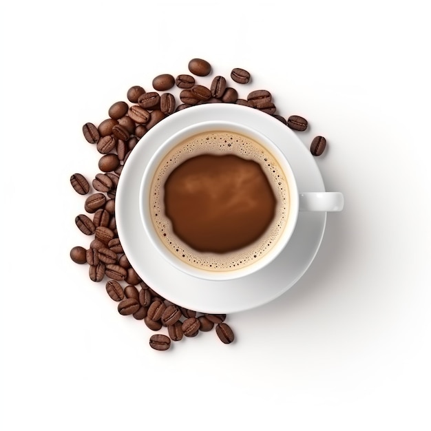 A cup of coffee sits on a saucer next to a pile of coffee beans.