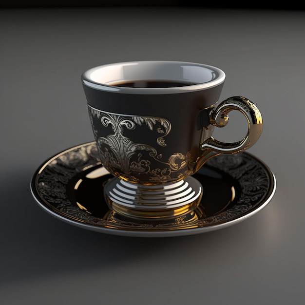 A cup of coffee sits on a saucer with a gold design.