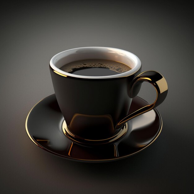 A cup of coffee sits on a saucer with a gold rim.