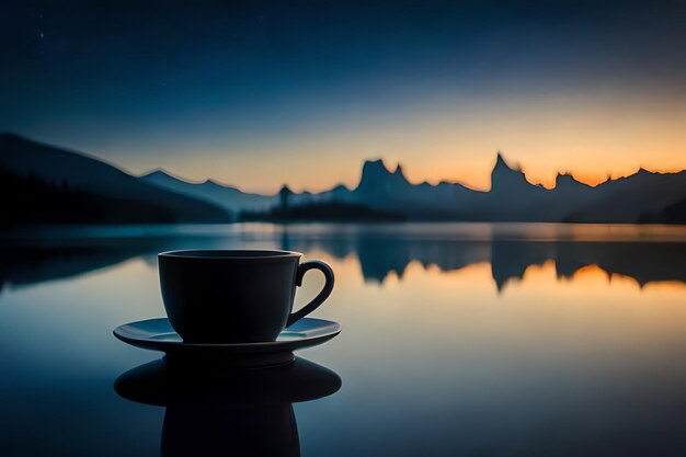 A cup of coffee sits on a saucer with mountains in the background