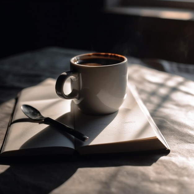 A cup of coffee sits on a saucer with a spoon