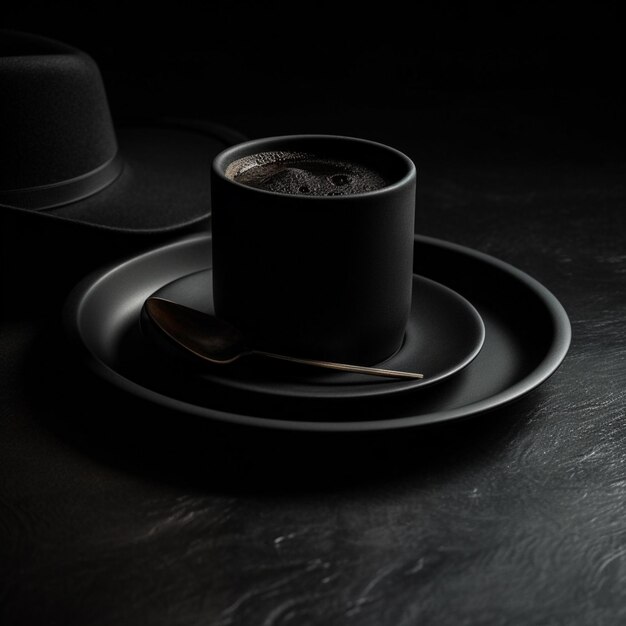 A cup of coffee sits on a saucer with a spoon