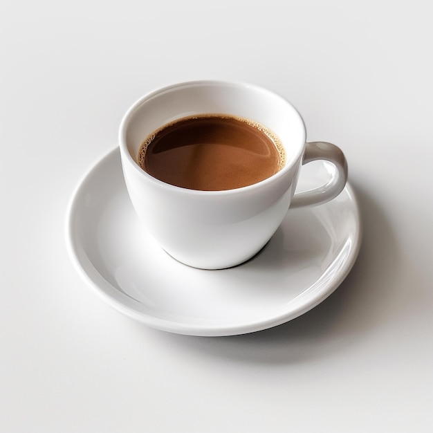 一杯のコーヒーが白い受け皿の上に置かれています。