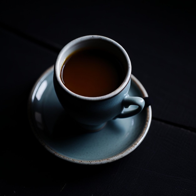 A cup of coffee sits on a saucer with the word coffee on it.