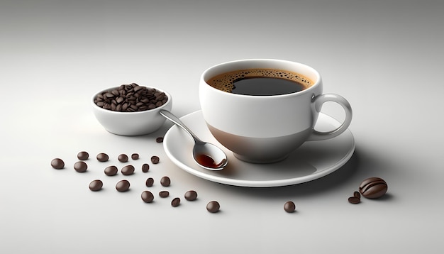 A cup of coffee sits next to a small bowl of coffee beans.