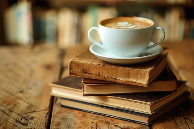 a cup of coffee sits on a stack of books