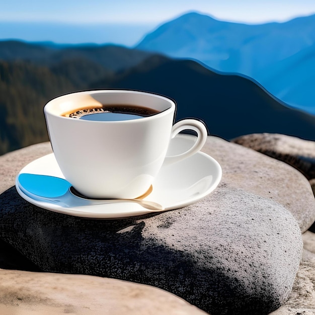 A cup of coffee sits on a stone ledge with the mountains in the background.