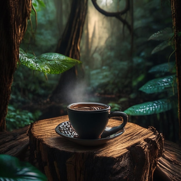 A cup of coffee sits on a stump in a forest with a tree stump in the background.