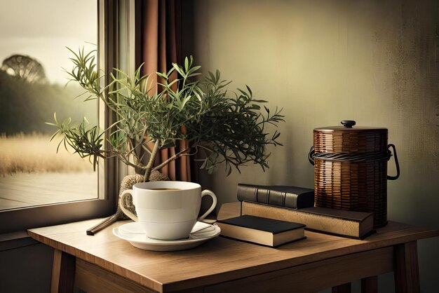 A cup of coffee sits on a table next to a book and a book.