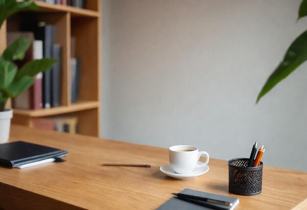 Photo a cup of coffee sits on a table next to a book shelf