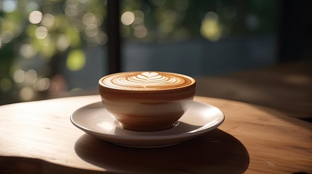 A cup of coffee sits on a table in a cafe.