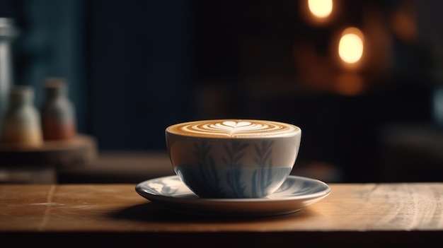 A cup of coffee sits on a table in a cafe.