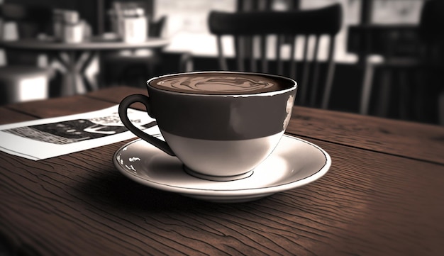 A cup of coffee sits on a table in a cafe.