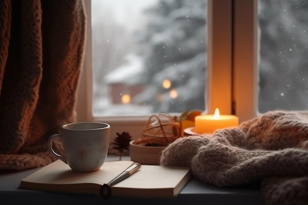 A cup of coffee sits on a table next to a candle in the window.