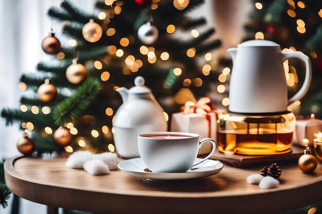 A cup of coffee sits on a table next to a christmas tree