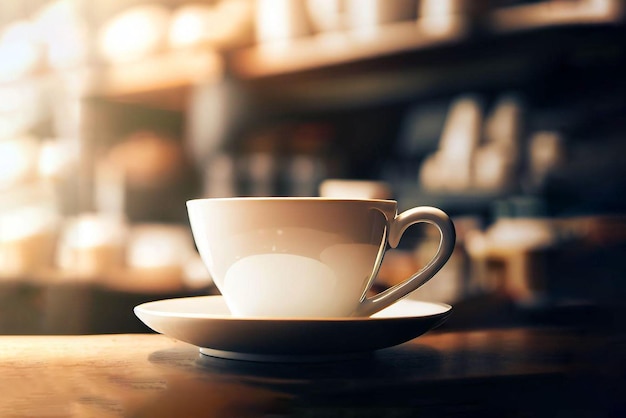 A cup of coffee sits on a table in a coffee shop.