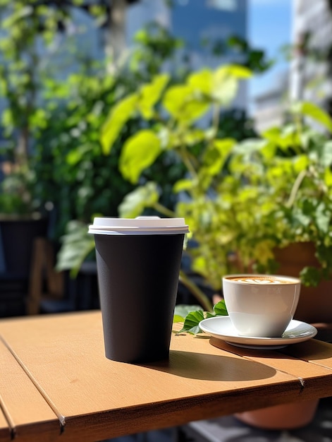 a cup of coffee sits on a table next to a cup of coffee